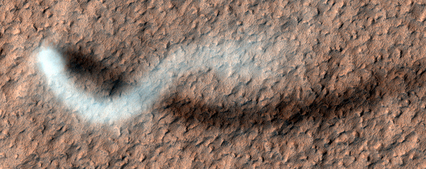 Un imponente remolino de polvo da forma a una sombra con aspecto de serpentina sobre la superficie de Marte, a finales de la primavera en esta impresionante imagen de Amazonis Planitia.