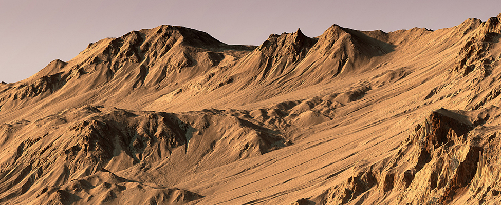 Light-Toned Gully Materials on Hale Crater Wall, rendered using Autodesk Maya and Adobe Lightroom. HiRISE data processed using gdal.