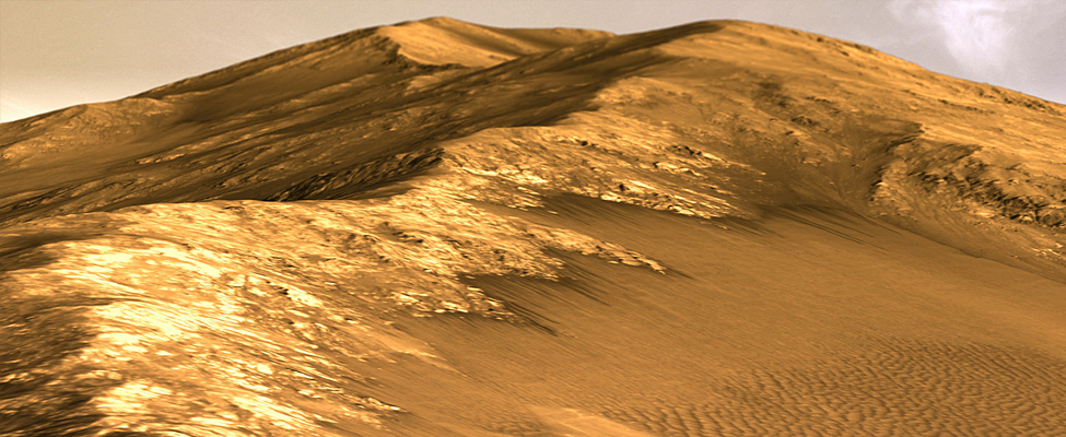 Slopes along a Coprates Chasma ridge, rendered using Autodesk Maya and Adobe Lightroom. HiRISE data processed using HiView and gdal.